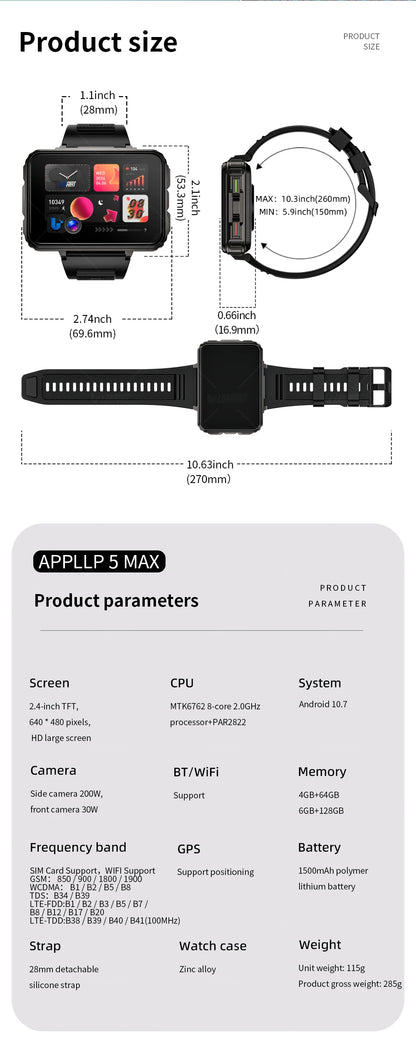LOKMAT APPLLP 5 MAX Android Watch Phone Square Big Screen Wifi 4G Calls Smartwatches Dual Camera with Flashlight Gaming Watch - Merit Sell