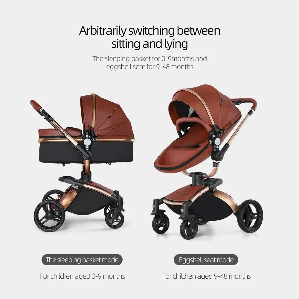 Landscape baby carriage PU leathe Baby stroller 3in1 Two-way High r Foldable shock-absorbing eggshell stroller 2in1 - Merit Sell