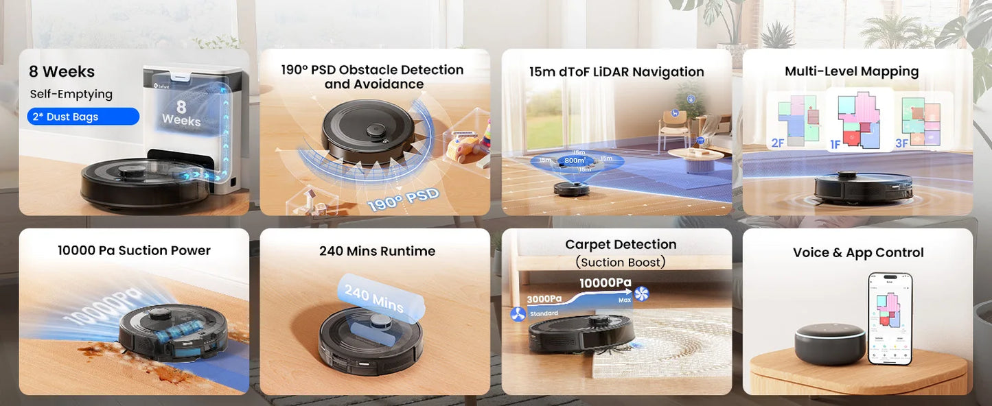 Lefant M2S Robot Vacuum Cleaner with Mapping, 10000Pa Suction, Automatic Dust Station,Laser Navigation, PSD Avoidance Technology - Merit Sell