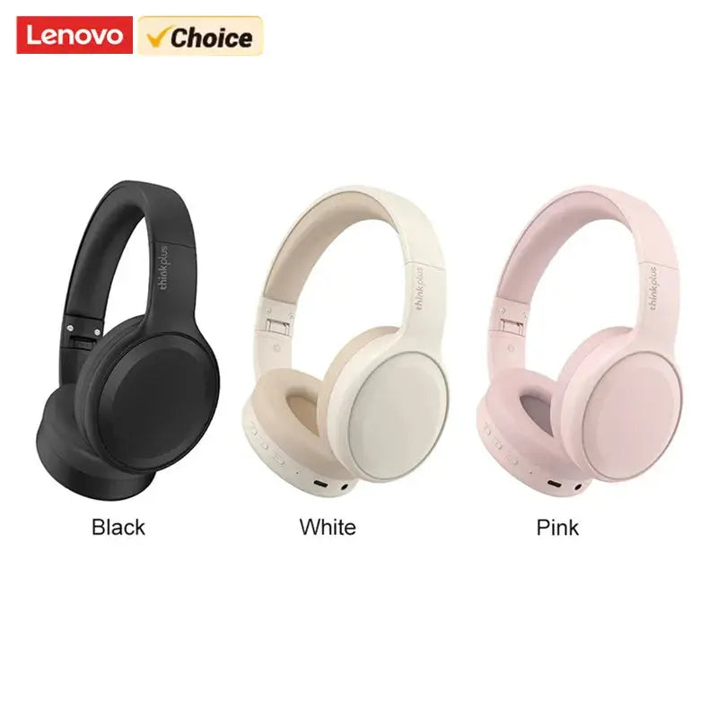 Three pairs of Lenovo Choice wireless over-ear headphones shown side by side in black, white, and pink, with the Lenovo Choice logo at the top left and color labels below each pair.