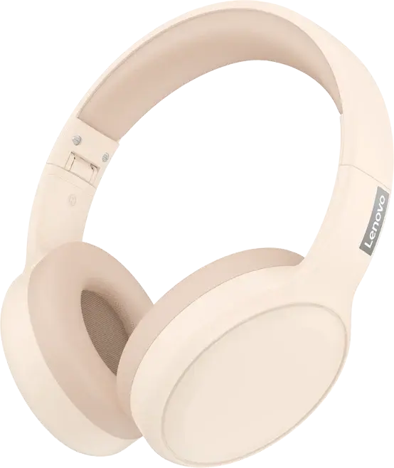 Beige over-ear wireless headphones with a visible Lenovo logo on the side, shown on a plain white background.