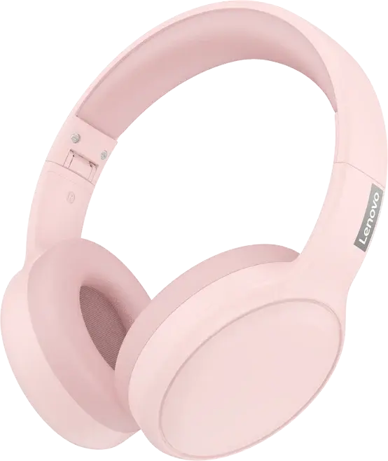 Light pink Lenovo over-ear wireless headphones shown at an angle on a solid white background.