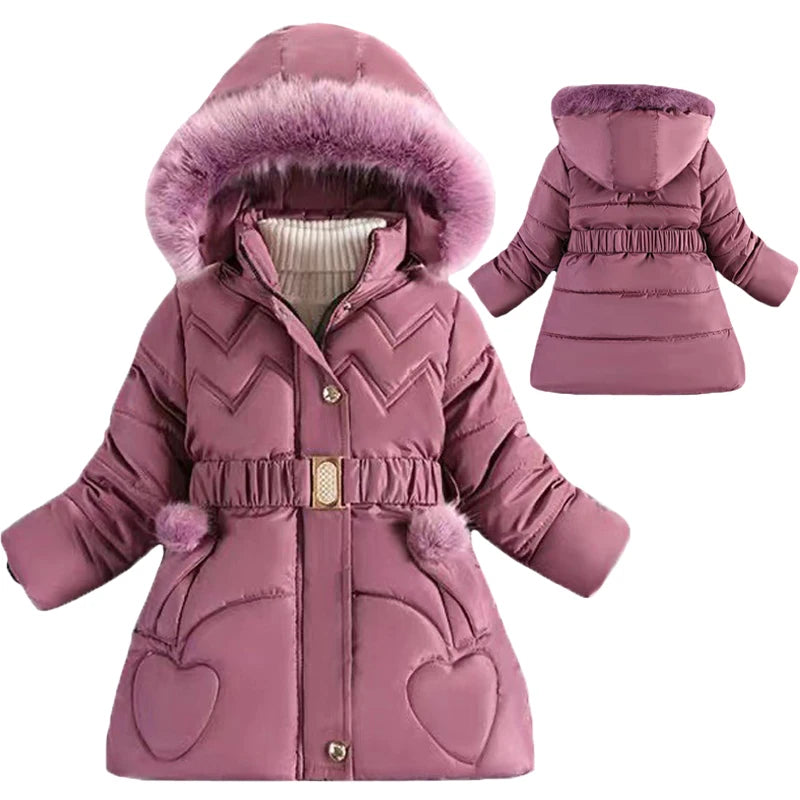 Long Teen Girls Jacket Winter Solid Color Peach Heart Print Plus Velvet Hooded Coat For 4-10Y Kids Thick Down Cotton Snowsuit - Merit Sell
