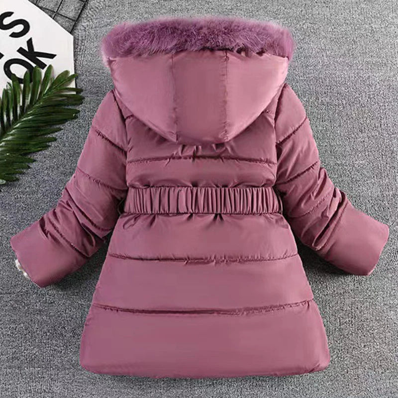 Long Teen Girls Jacket Winter Solid Color Peach Heart Print Plus Velvet Hooded Coat For 4-10Y Kids Thick Down Cotton Snowsuit - Merit Sell