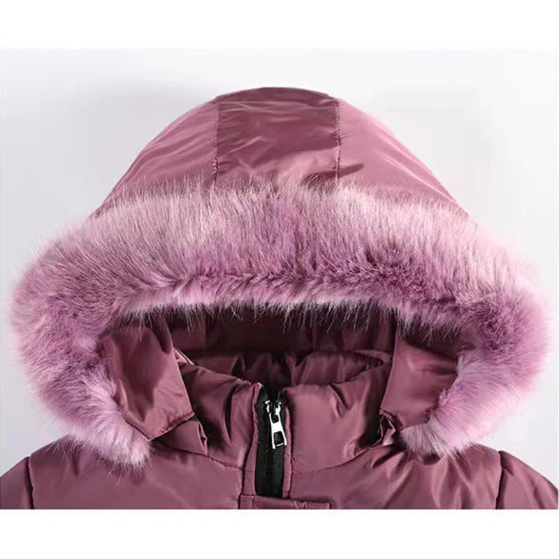 Long Teen Girls Jacket Winter Solid Color Peach Heart Print Plus Velvet Hooded Coat For 4-10Y Kids Thick Down Cotton Snowsuit - Merit Sell