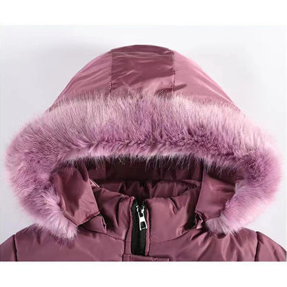 Long Teen Girls Jacket Winter Solid Color Peach Heart Print Plus Velvet Hooded Coat For 4-10Y Kids Thick Down Cotton Snowsuit - Merit Sell