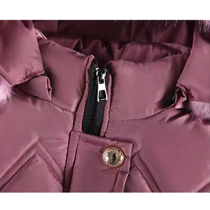 Long Teen Girls Jacket Winter Solid Color Peach Heart Print Plus Velvet Hooded Coat For 4-10Y Kids Thick Down Cotton Snowsuit - Merit Sell