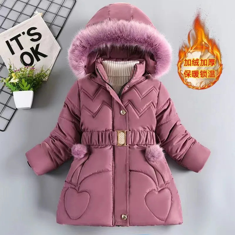 Long Teen Girls Jacket Winter Solid Color Peach Heart Print Plus Velvet Hooded Coat For 4-10Y Kids Thick Down Cotton Snowsuit - Merit Sell
