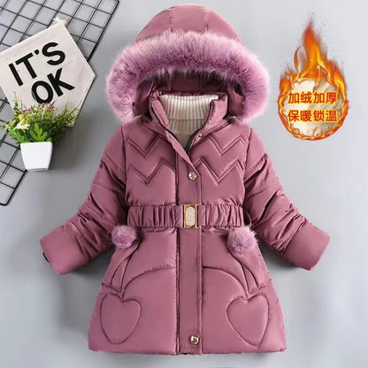 Long Teen Girls Jacket Winter Solid Color Peach Heart Print Plus Velvet Hooded Coat For 4-10Y Kids Thick Down Cotton Snowsuit - Merit Sell