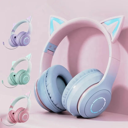 Luminous Led Light Gradient Cute Cat Ears BT029C Headband Wireless Headphone Foldable Gaming Headset Headphones With Microphone - Merit Sell