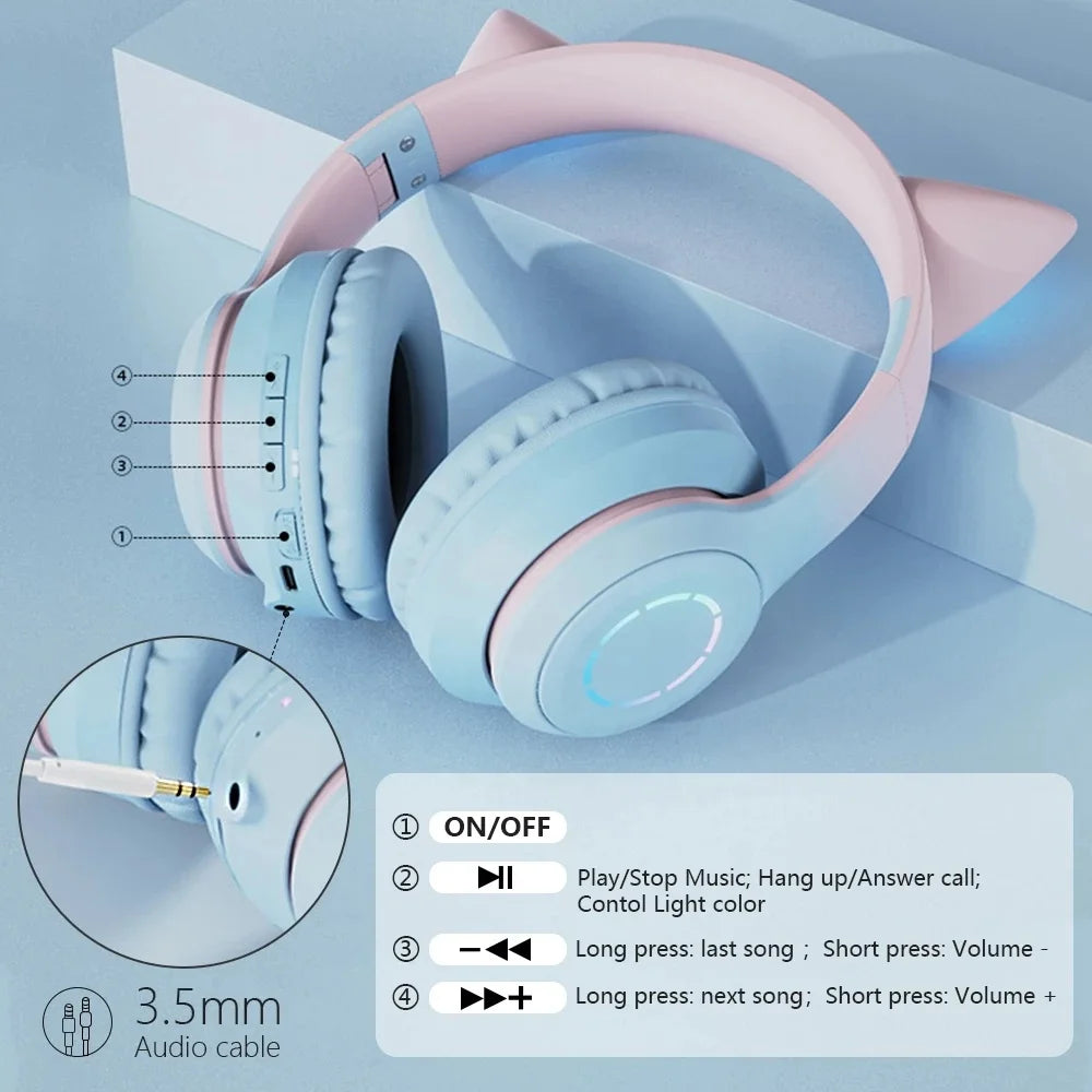 Luminous Led Light Gradient Cute Cat Ears BT029C Headband Wireless Headphone Foldable Gaming Headset Headphones With Microphone - Merit Sell