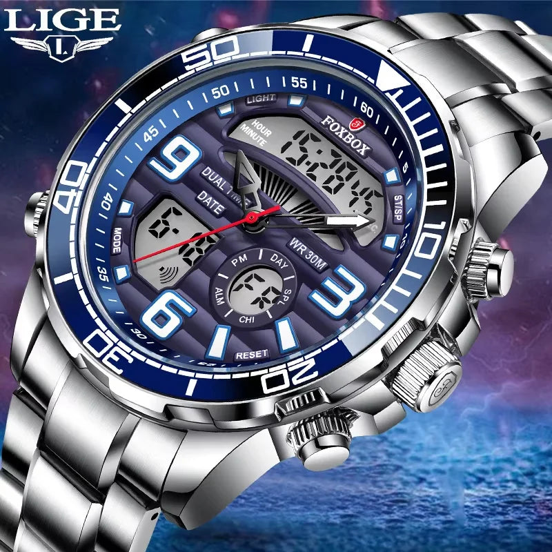 Luxury Man Watch LED Dual Display Luminous Calendar Week Mens Watch Waterproof Stainless Steel Chronograph Quartz Men Watches - Merit Sell