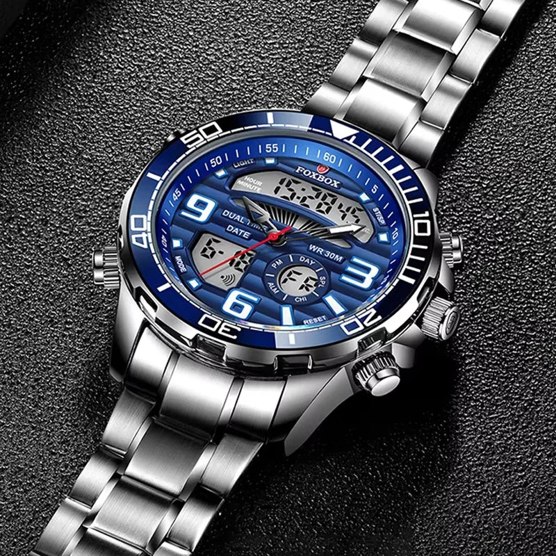 Luxury Man Watch LED Dual Display Luminous Calendar Week Mens Watch Waterproof Stainless Steel Chronograph Quartz Men Watches - Merit Sell