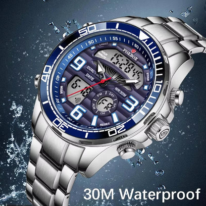 Luxury Man Watch LED Dual Display Luminous Calendar Week Mens Watch Waterproof Stainless Steel Chronograph Quartz Men Watches - Merit Sell