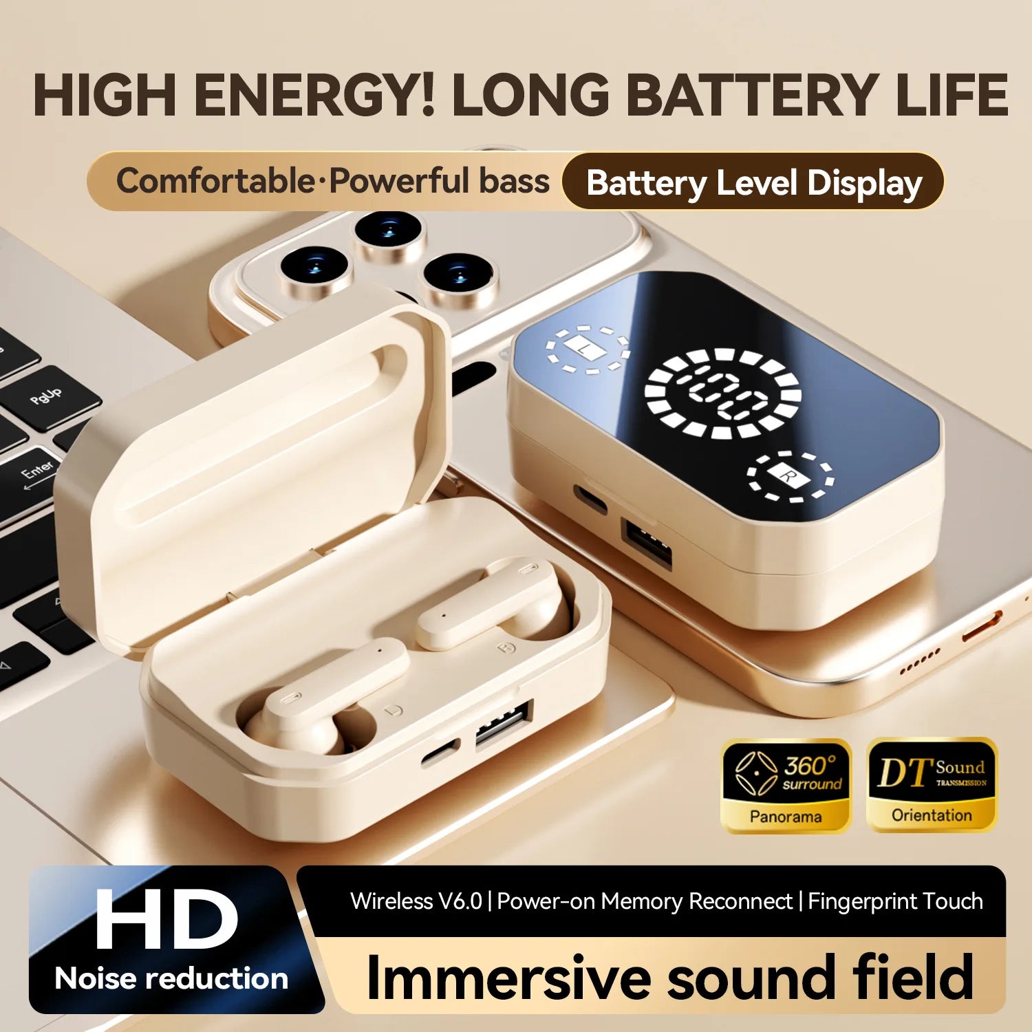 M154 TWS Bluetooth 6.0 Earbuds with LED Display 720° Spatial Sound Heavy Bass, AI Noise Canceling Audífonos Headphones for Sport - Merit Sell