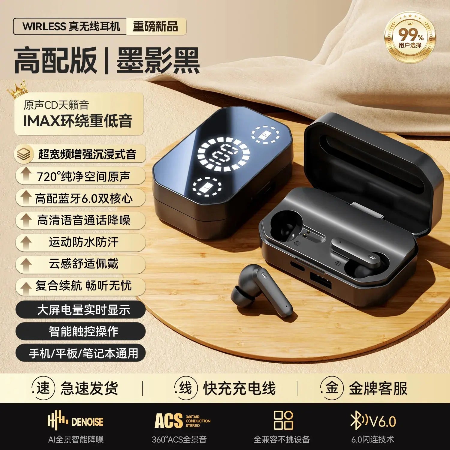 M154 TWS Bluetooth 6.0 Earbuds with LED Display 720° Spatial Sound Heavy Bass, AI Noise Canceling Audífonos Headphones for Sport - Merit Sell