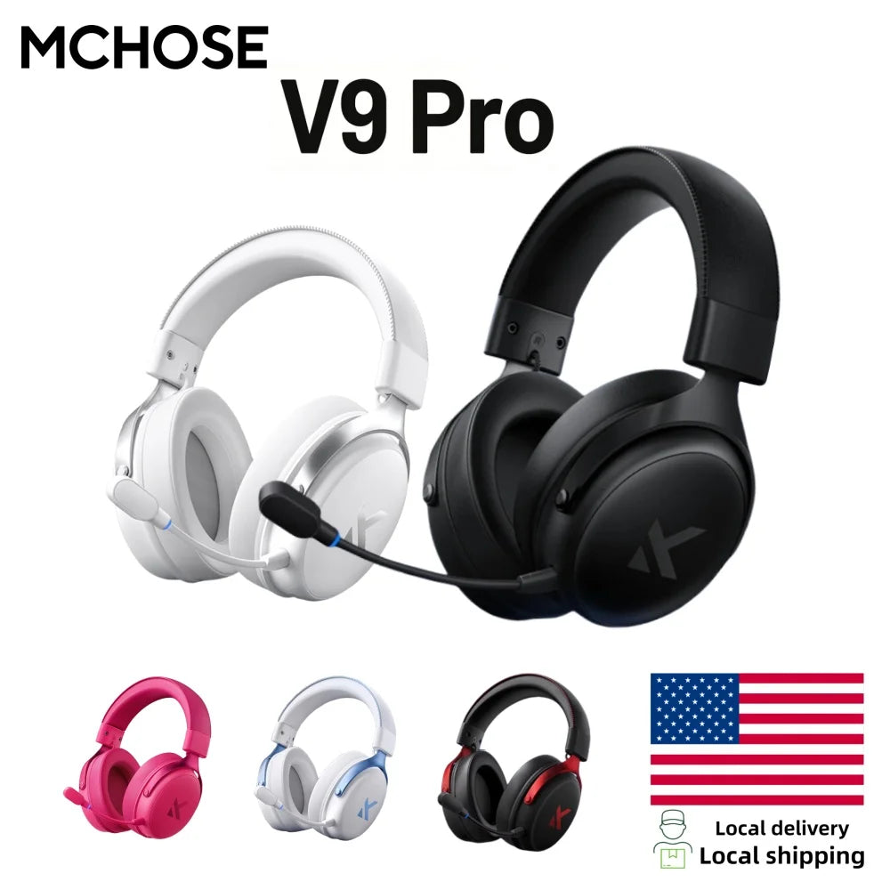 MCHOSE V9 Pro headphones in black and white with additional colors on a white background.