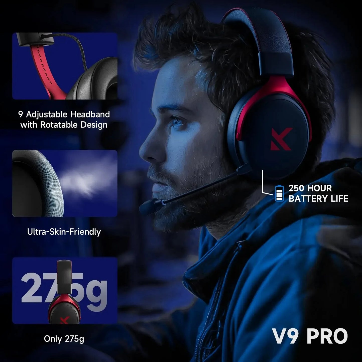 Gaming headset with features highlighted on a dark background