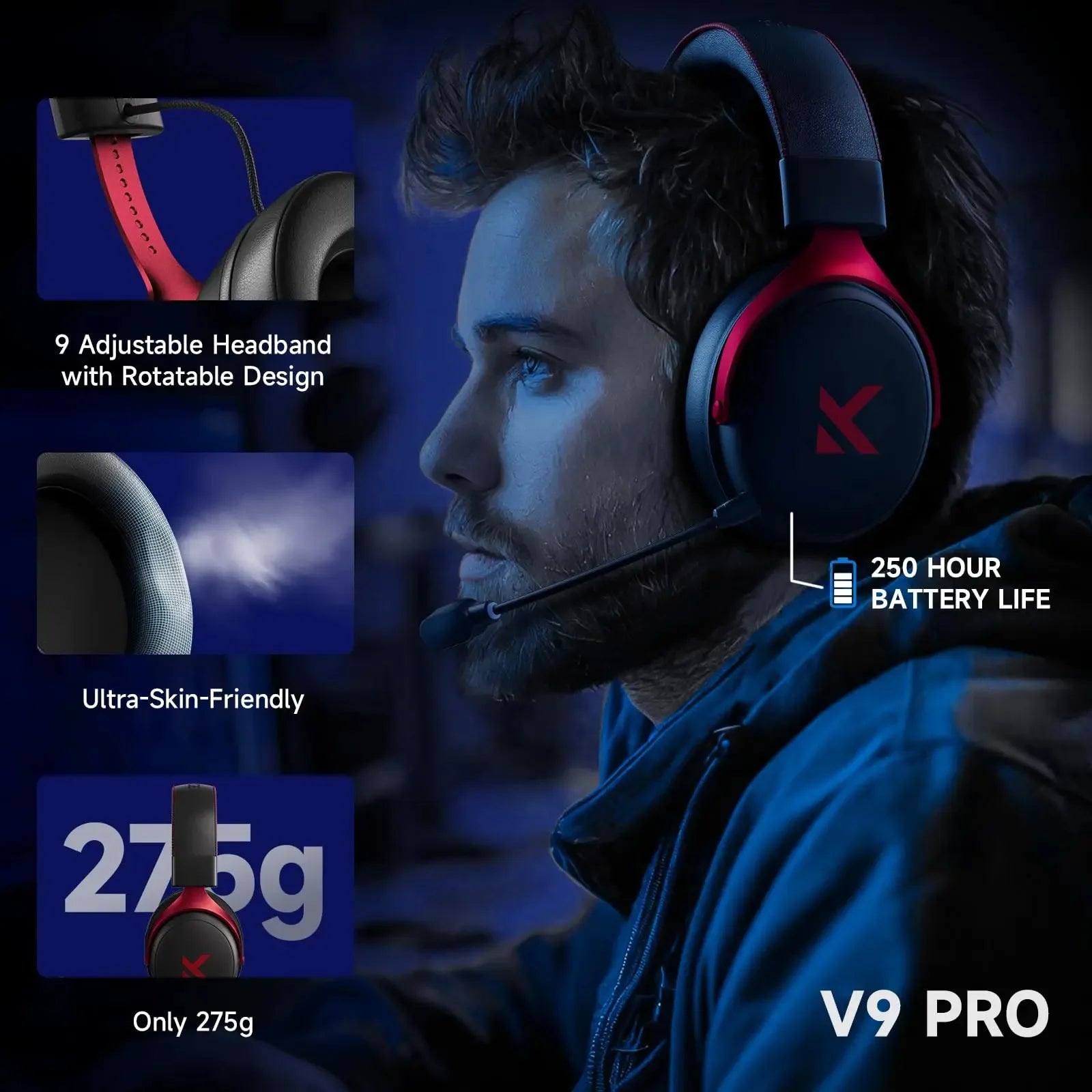 Gaming headset with features highlighted on a dark background