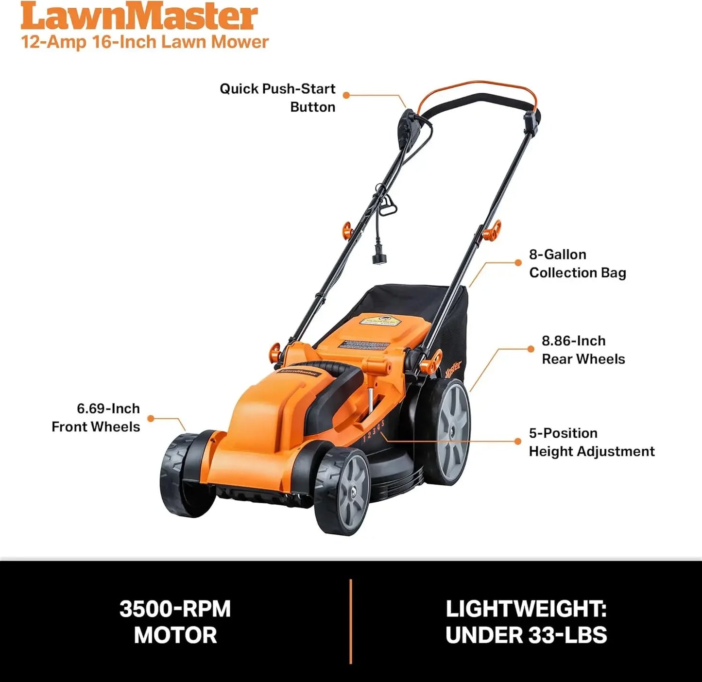 MEB1216K Electric Lawn Mower 16-Inch 12AMP - Merit Sell