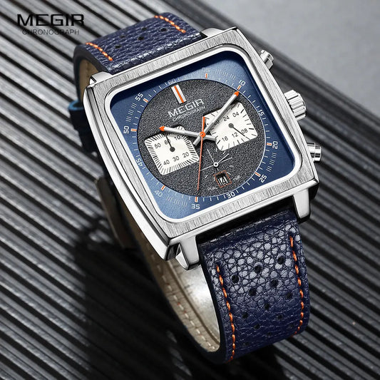 MEGIR Square Dial Chronograph Quartz Watches for Men Fashion Blue Leather Strap Casual Sport Wristwatch with Date 24-hour 2182 - Merit Sell