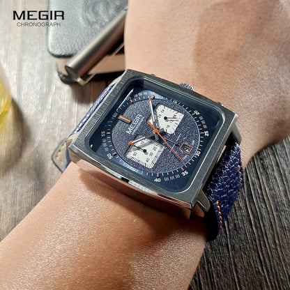 MEGIR Square Dial Chronograph Quartz Watches for Men Fashion Blue Leather Strap Casual Sport Wristwatch with Date 24-hour 2182 - Merit Sell