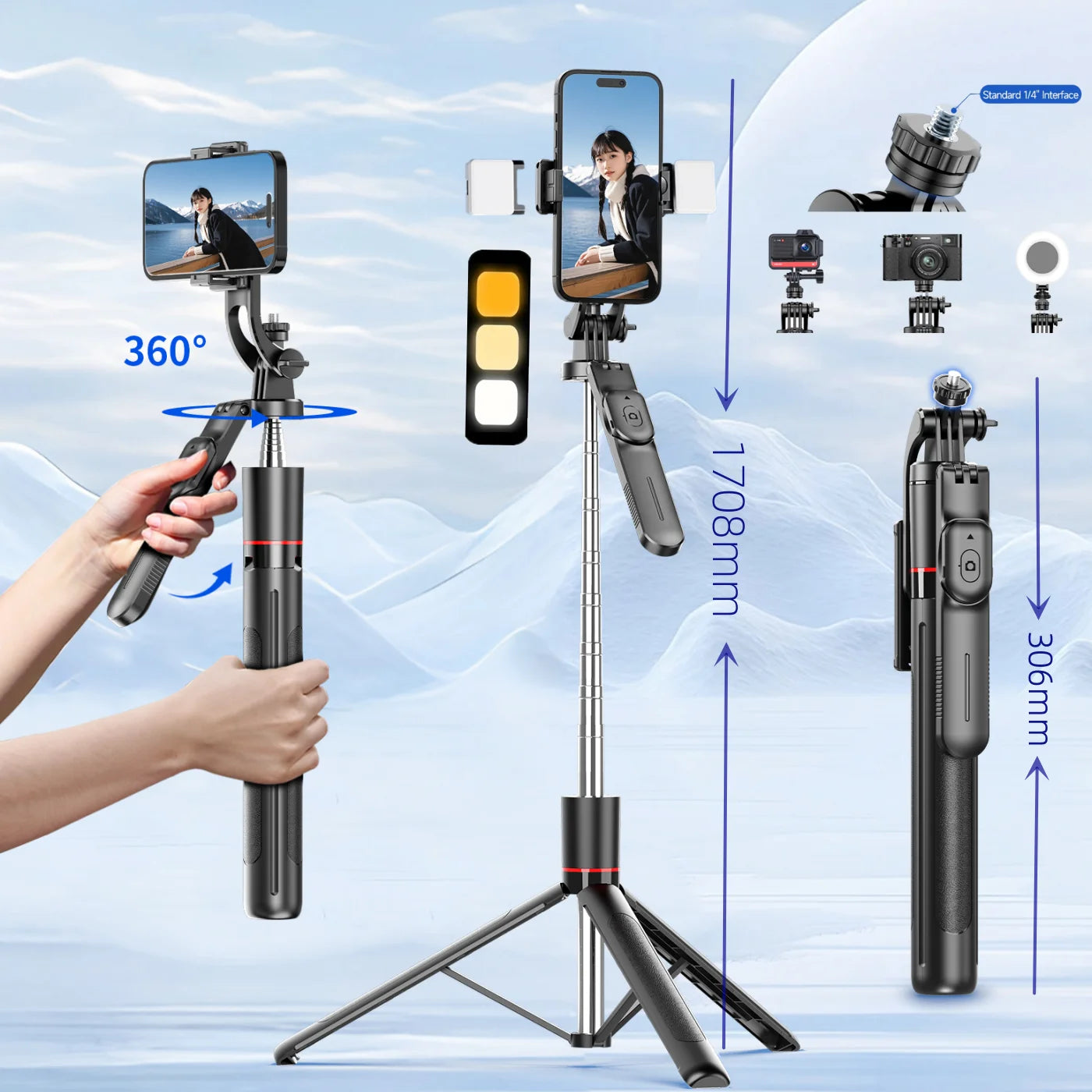 MEUYAG Selfie Stick Tripod with 1708mm Long Monopod Fill Light, Bluetooth Remote, 360° Rotation, 1/4 Interface, for mobile phone - Merit Sell