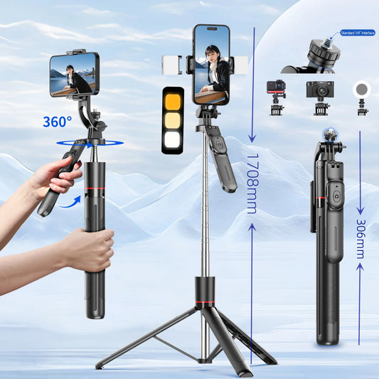 MEUYAG Selfie Stick Tripod with 1708mm Long Monopod Fill Light, Bluetooth Remote, 360° Rotation, 1/4 Interface, for mobile phone - Merit Sell