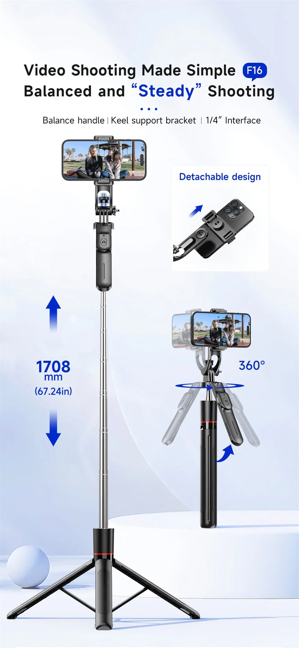 MEUYAG Selfie Stick Tripod with 1708mm Long Monopod Fill Light, Bluetooth Remote, 360° Rotation, 1/4 Interface, for mobile phone - Merit Sell
