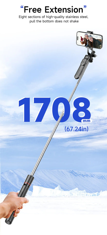 MEUYAG Selfie Stick Tripod with 1708mm Long Monopod Fill Light, Bluetooth Remote, 360° Rotation, 1/4 Interface, for mobile phone - Merit Sell