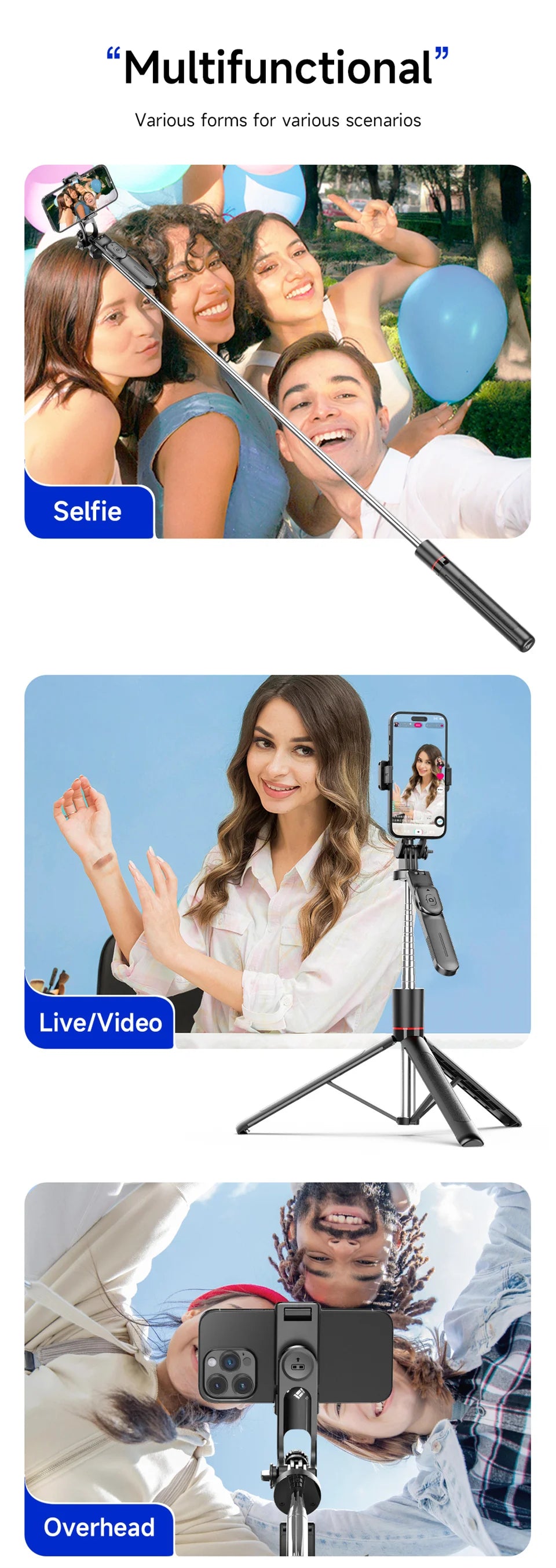 MEUYAG Selfie Stick Tripod with 1708mm Long Monopod Fill Light, Bluetooth Remote, 360° Rotation, 1/4 Interface, for mobile phone - Merit Sell