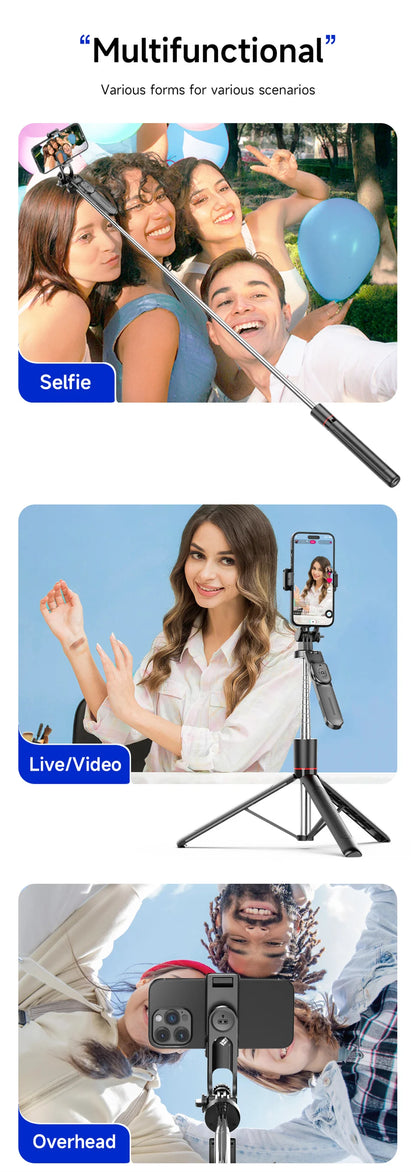 MEUYAG Selfie Stick Tripod with 1708mm Long Monopod Fill Light, Bluetooth Remote, 360° Rotation, 1/4 Interface, for mobile phone - Merit Sell