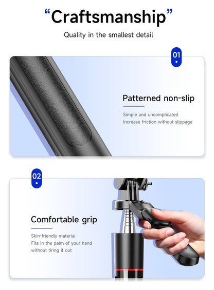 MEUYAG Selfie Stick Tripod with 1708mm Long Monopod Fill Light, Bluetooth Remote, 360° Rotation, 1/4 Interface, for mobile phone - Merit Sell