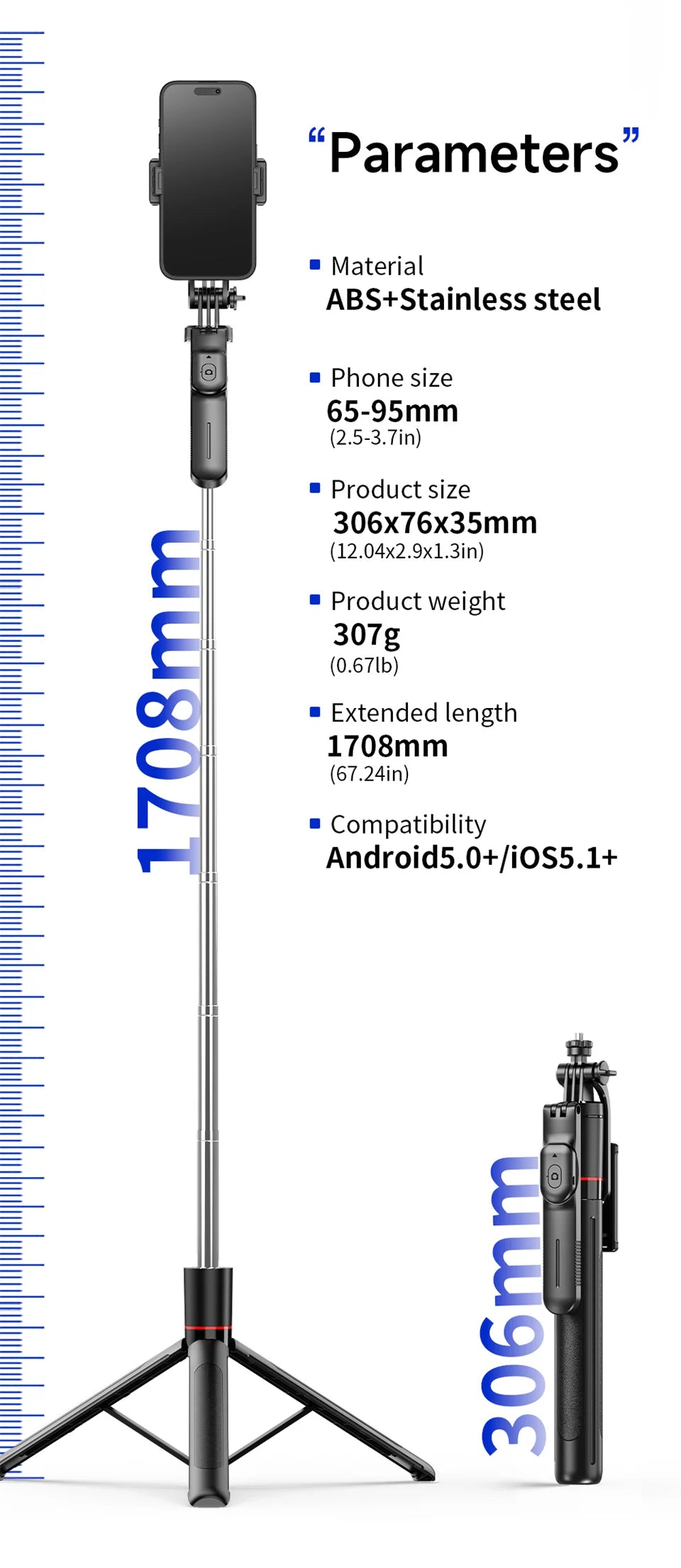 MEUYAG Selfie Stick Tripod with 1708mm Long Monopod Fill Light, Bluetooth Remote, 360° Rotation, 1/4 Interface, for mobile phone - Merit Sell