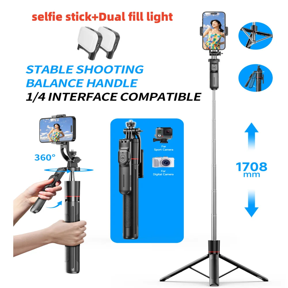 MEUYAG Selfie Stick Tripod with 1708mm Long Monopod Fill Light, Bluetooth Remote, 360° Rotation, 1/4 Interface, for mobile phone - Merit Sell