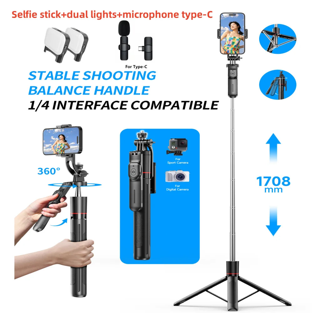 MEUYAG Selfie Stick Tripod with 1708mm Long Monopod Fill Light, Bluetooth Remote, 360° Rotation, 1/4 Interface, for mobile phone - Merit Sell