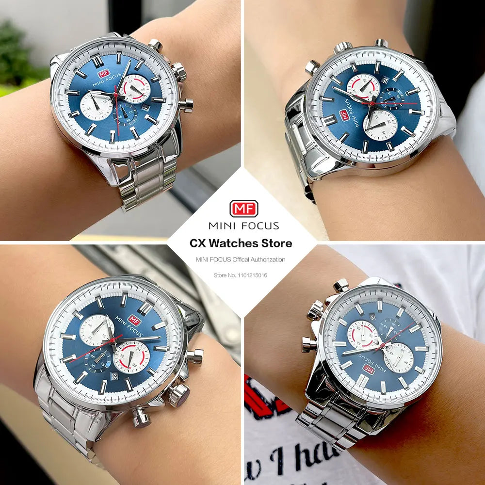 MINI FOCUS Chronograph Quartz Watch Men Silver Blue Waterproof Luminous Dress Wristwatch with Date Stainless Steel Strap 0469 - Merit Sell