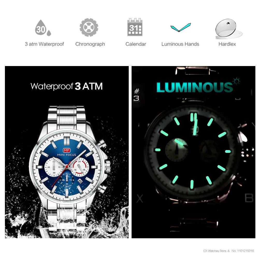 MINI FOCUS Chronograph Quartz Watch Men Silver Blue Waterproof Luminous Dress Wristwatch with Date Stainless Steel Strap 0469 - Merit Sell