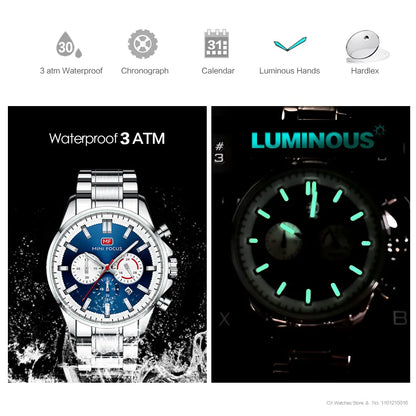 MINI FOCUS Chronograph Quartz Watch Men Silver Blue Waterproof Luminous Dress Wristwatch with Date Stainless Steel Strap 0469 - Merit Sell