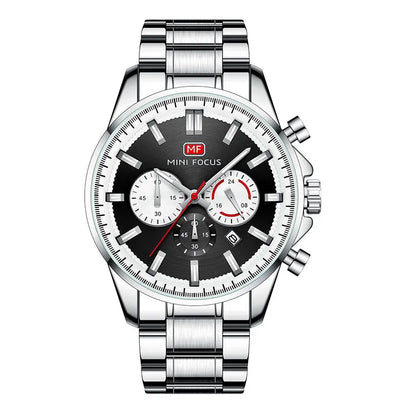 MINI FOCUS Chronograph Quartz Watch Men Silver Blue Waterproof Luminous Dress Wristwatch with Date Stainless Steel Strap 0469 - Merit Sell