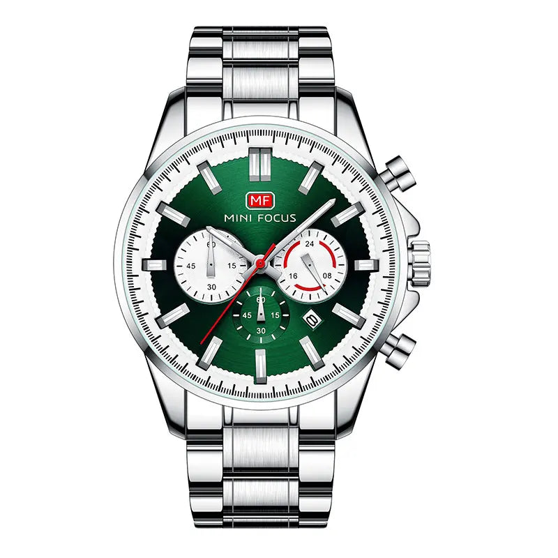 MINI FOCUS Chronograph Quartz Watch Men Silver Blue Waterproof Luminous Dress Wristwatch with Date Stainless Steel Strap 0469 - Merit Sell