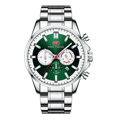 MINI FOCUS Chronograph Quartz Watch Men Silver Blue Waterproof Luminous Dress Wristwatch with Date Stainless Steel Strap 0469 - Merit Sell