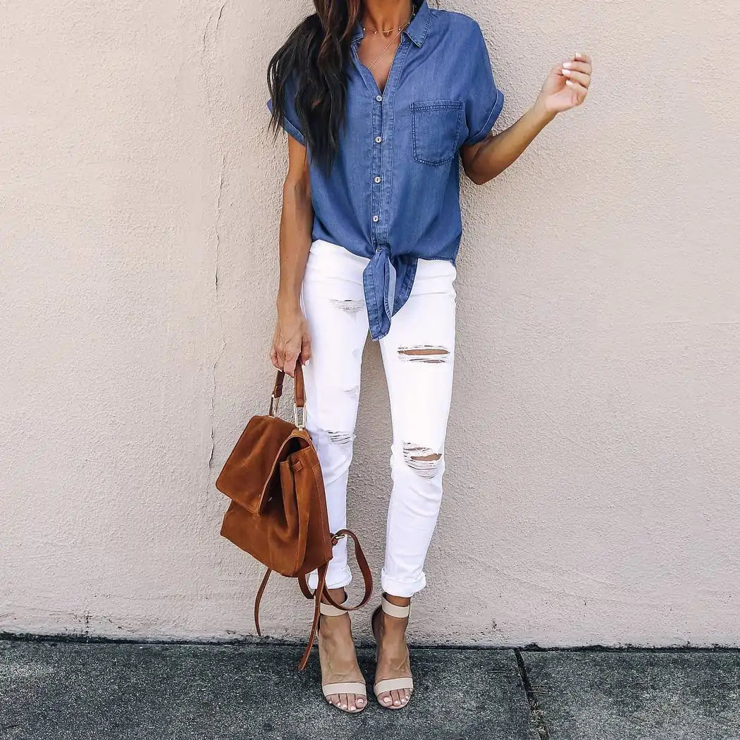 Short Sleeve Button Up Denim Shirt