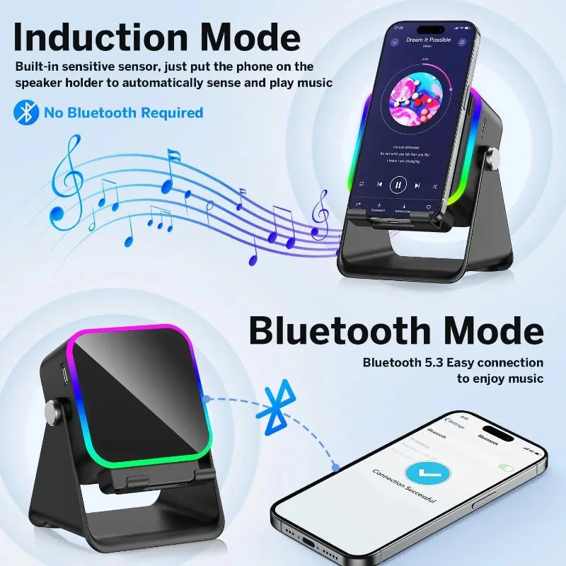Magnetic Induction Speaker Phone Stand Wireless Bluetooth Phone Holder Amplifier Portable Desk Speaker RGB Light 5000mAh Battery - Merit Sell