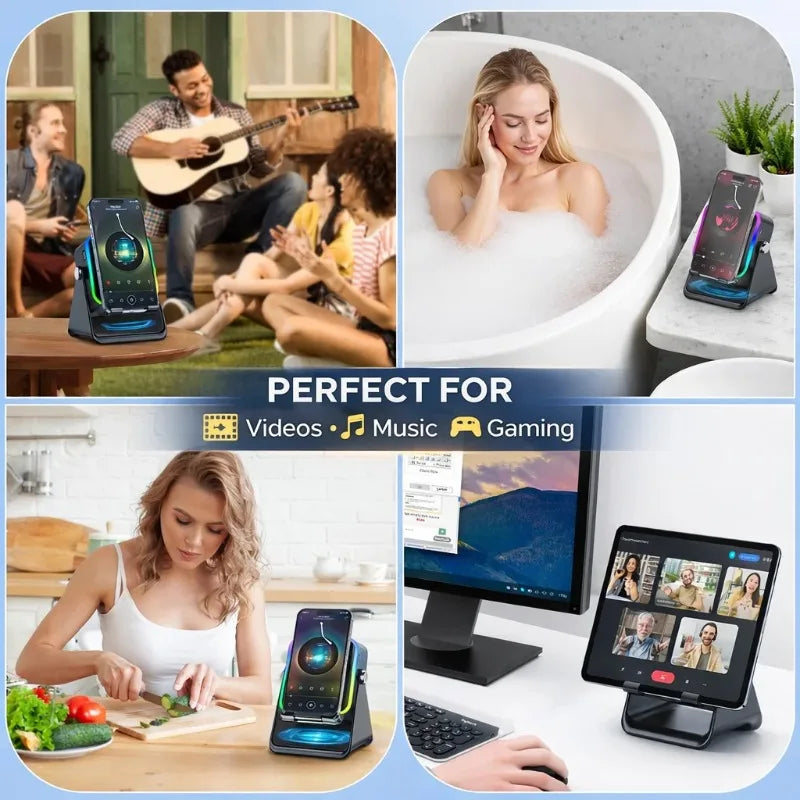 Magnetic Induction Speaker Phone Stand Wireless Bluetooth Phone Holder Amplifier Portable Desk Speaker RGB Light 5000mAh Battery - Merit Sell