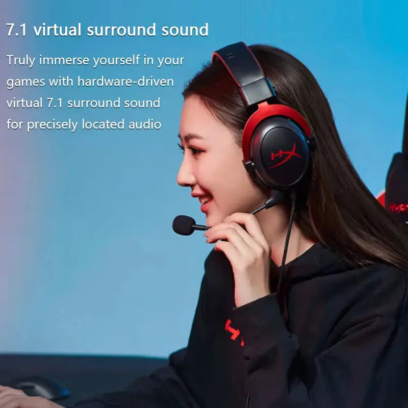 Person wearing a gaming headset with text about 7.1 virtual surround sound on a blue background
