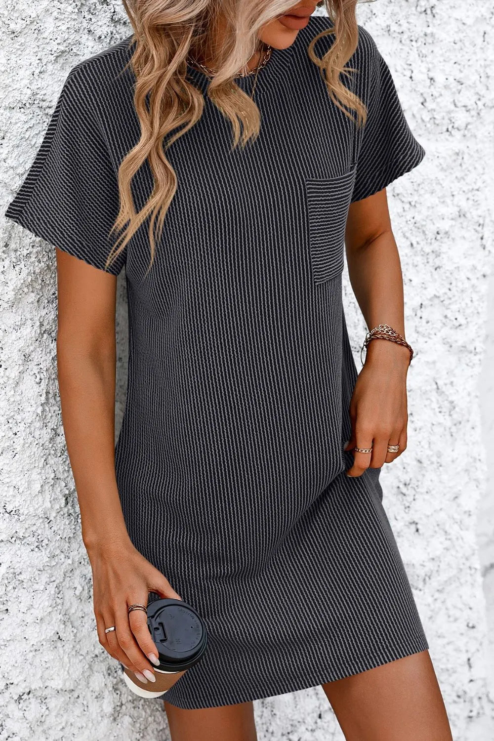 Mandy Ribbed Striped Short Sleeve Mini Tee Dress - Merit Sell