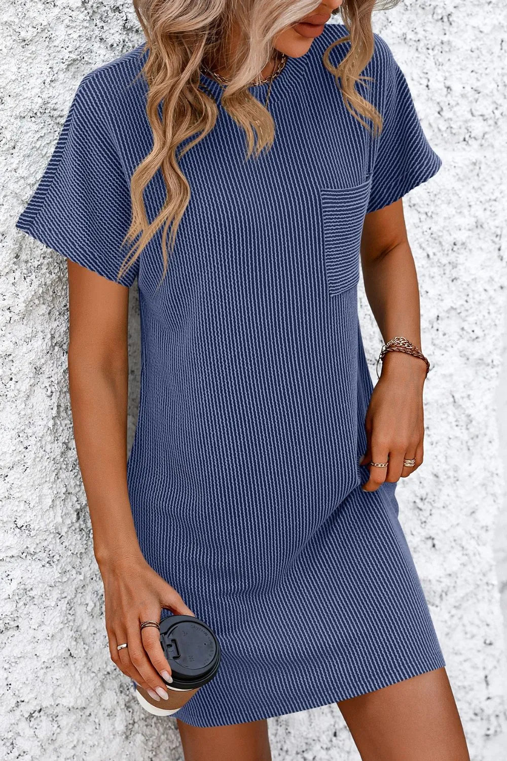 Mandy Ribbed Striped Short Sleeve Mini Tee Dress - Merit Sell