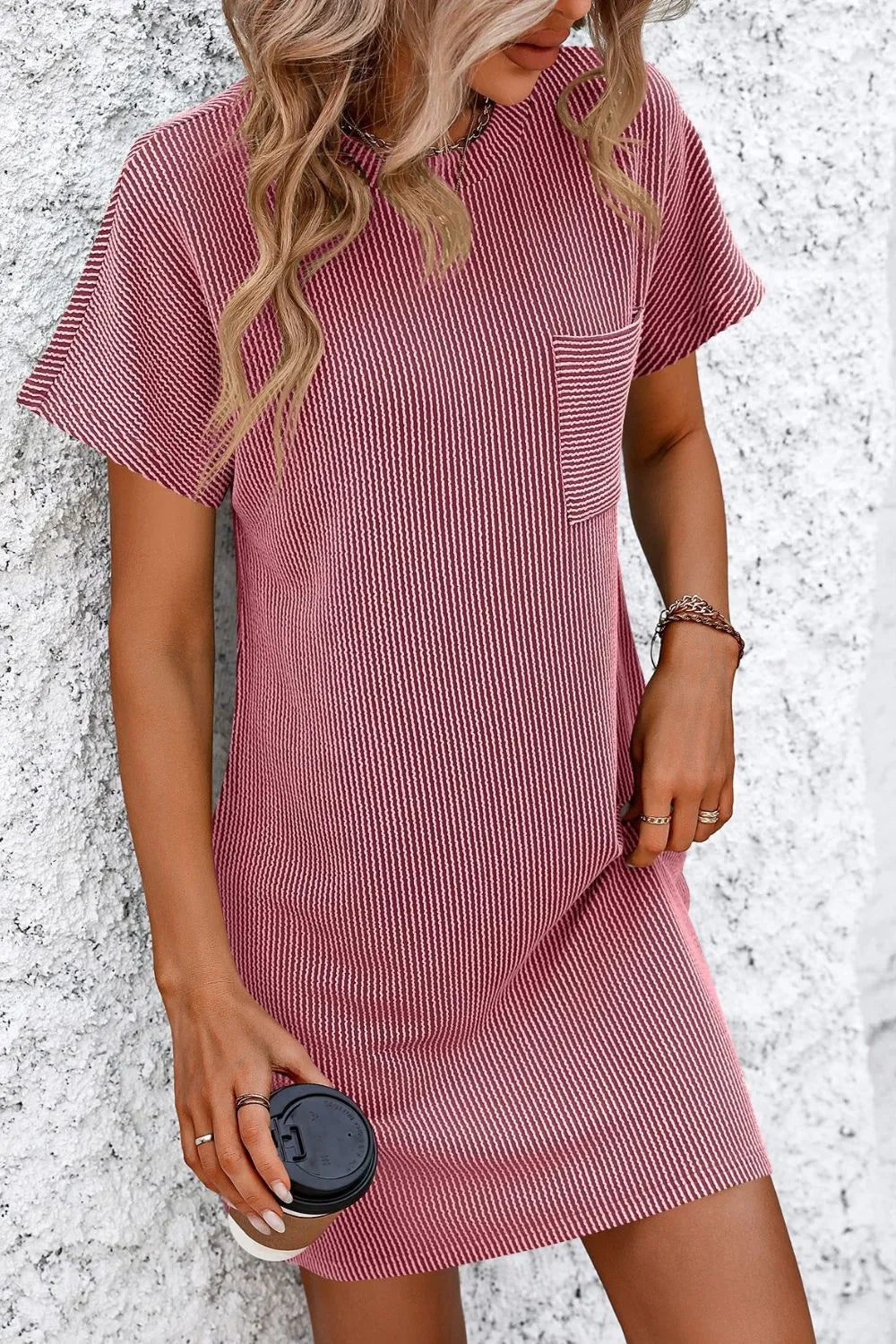 Mandy Ribbed Striped Short Sleeve Mini Tee Dress - Merit Sell