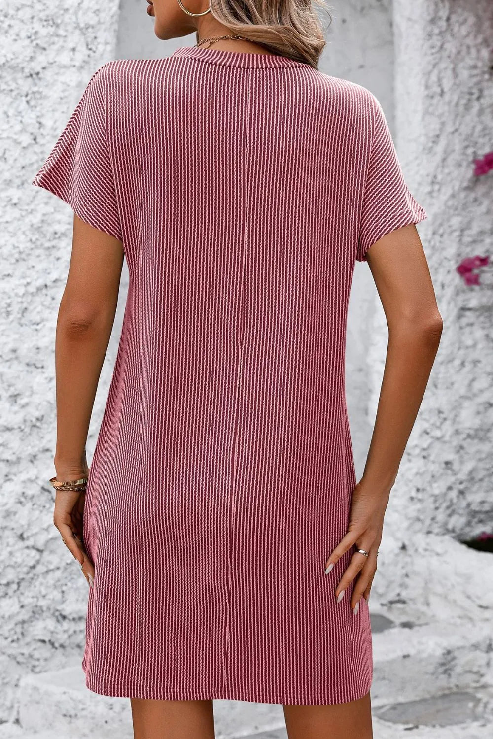 Mandy Ribbed Striped Short Sleeve Mini Tee Dress - Merit Sell